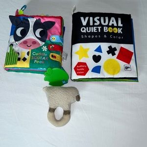 2 learning books and baby rattle